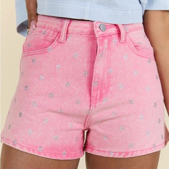 Pants - Pink Denim Women's Shorts with Silver Accents